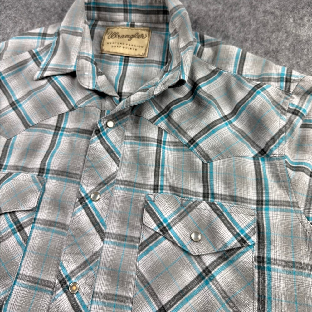 Wrangler Mens Western Fashion Snap Shirt Short Sleeve Plaid Grey Blue Cowboy